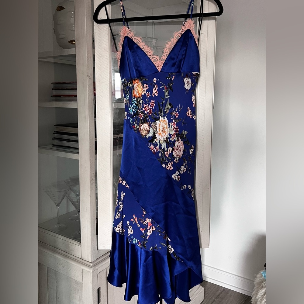 Allen Schwartz satin slip dress. Blue and pink floral for any occasion!